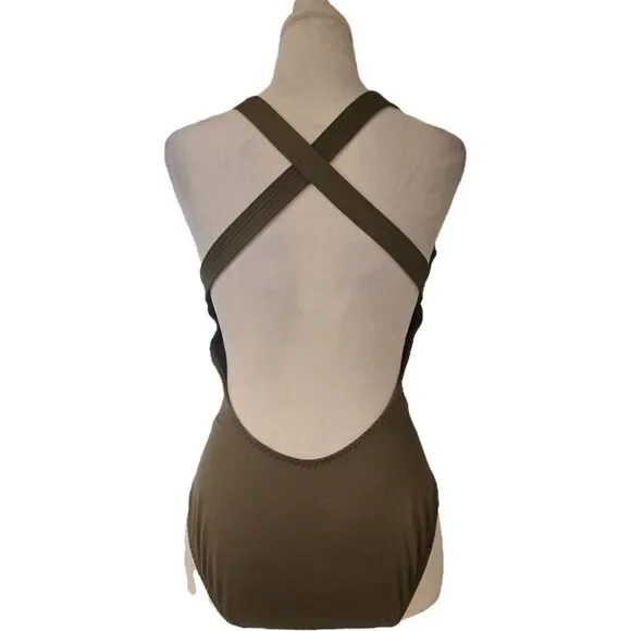 Ralph Lauren Polo One Piece Swimsuit Snap Front Cross Back Olive Green M Prep - Picture 2 of 8